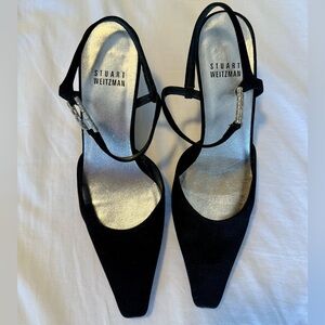 Stuart Weitzman Black Kitten Heel with Crystal Accent